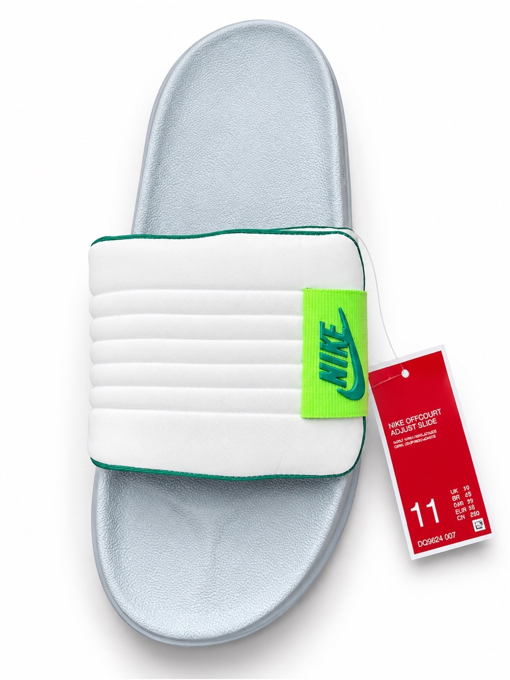 Nike White & Silver Kids Slide with Neon Green Logo Accent